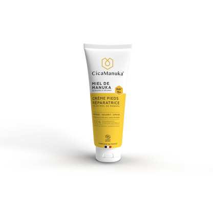 Tube de la crème pieds réparatrice au miel de manuka de la marque CicaManuka disponible dans la boutique virtuelle de Red Point à l'indice IAA15